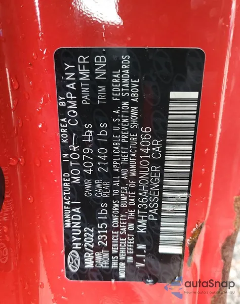 2022 Hyundai Veloster N from USA, damaged, VIN KMHT36AH0NU014066